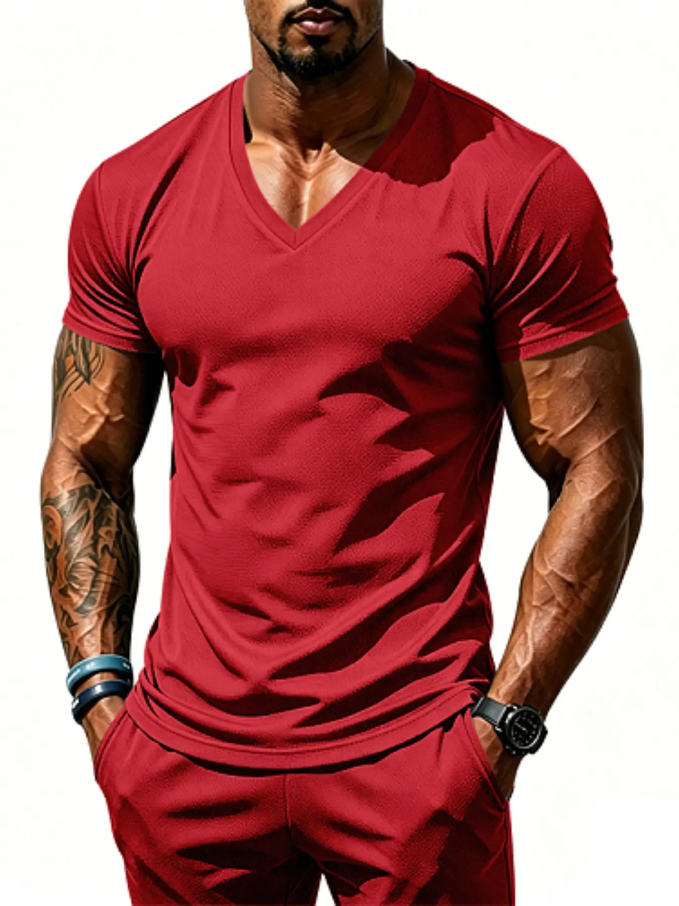 Men's Basic V-Neck Short Sleeve T-Shirt, Menswear, Slim Fit, Plain Pattern, Casual Style, Summer Essential, Highlights Shoulders, Comfortable Wear
