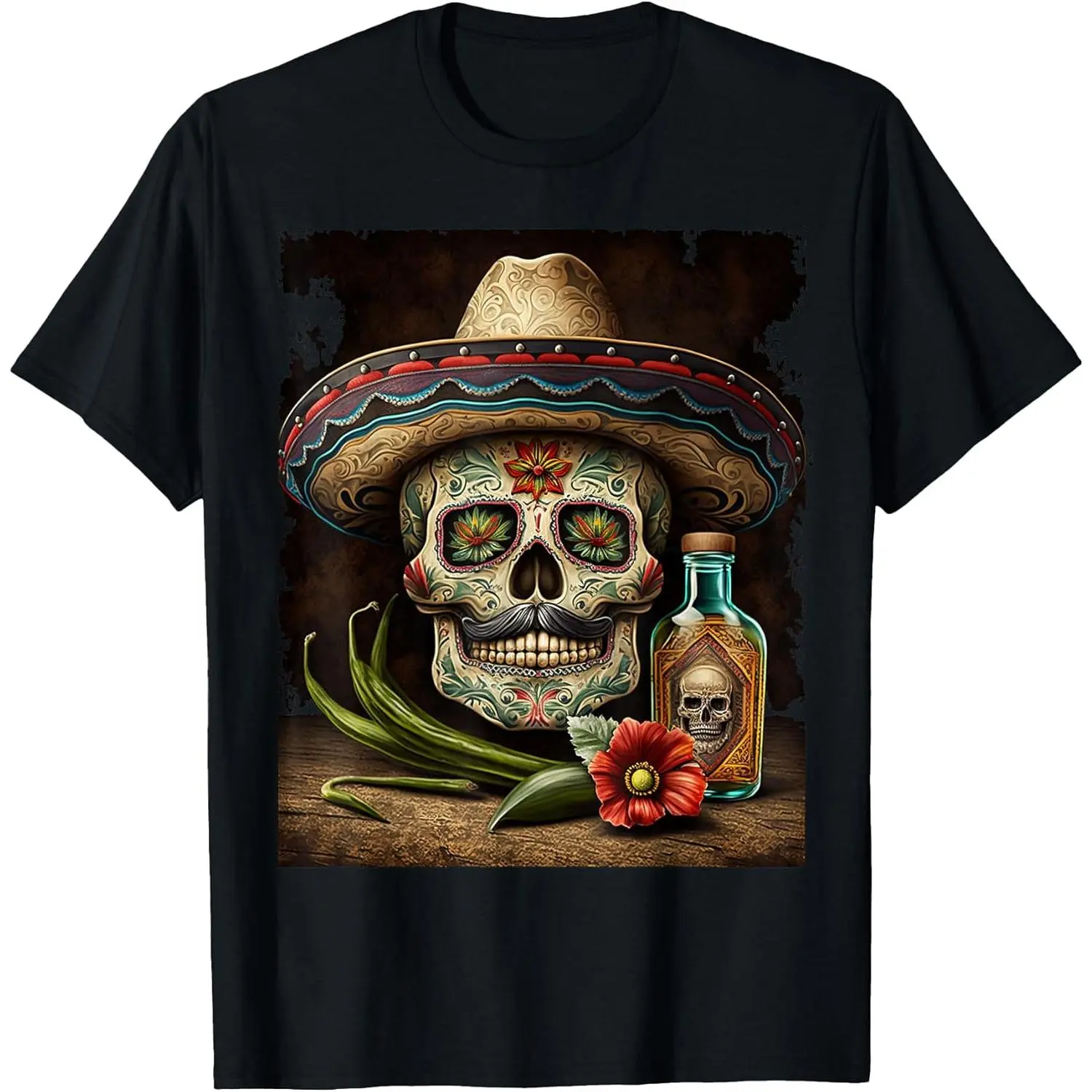 Mexican Sugar Skull Graphic T-Shirt, Unisex Heavyweight Cotton Top with Regular Fit, Soft Short Sleeve for Cinco De Mayo, Tshirt, Shortsleeve, Outfits, Streetwear, Hem, Classic, Fabric, Menswear, Print, Round Neck