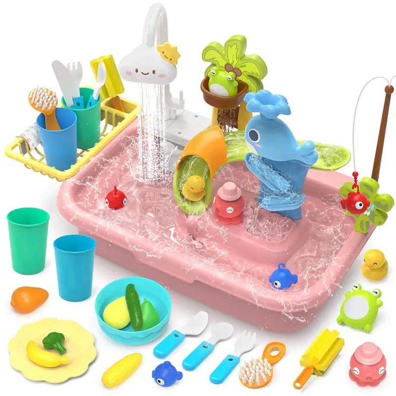 Kids Kitchen Sink Toy Set with Running Water, 4-in-1 Kids Kitchen Sink Toy, Electric Circulating Water, Kitchen Washing Up Playset, Pretend Play Water Toy, Pool Toy with Fishing Game, for Toddlers Boys Girls (Batteries Not Included)