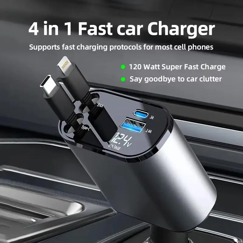 【Summer Survivals】JOYTUTUS 2026 120W Retractable 4-in-1 Car Charging Cable & 4-Port Adapter for iPhone Galaxy Pixel Safe Reliable Car Plug Carcharger with Dual Type-C Cables and Ultra-Fast Charging for Laptops