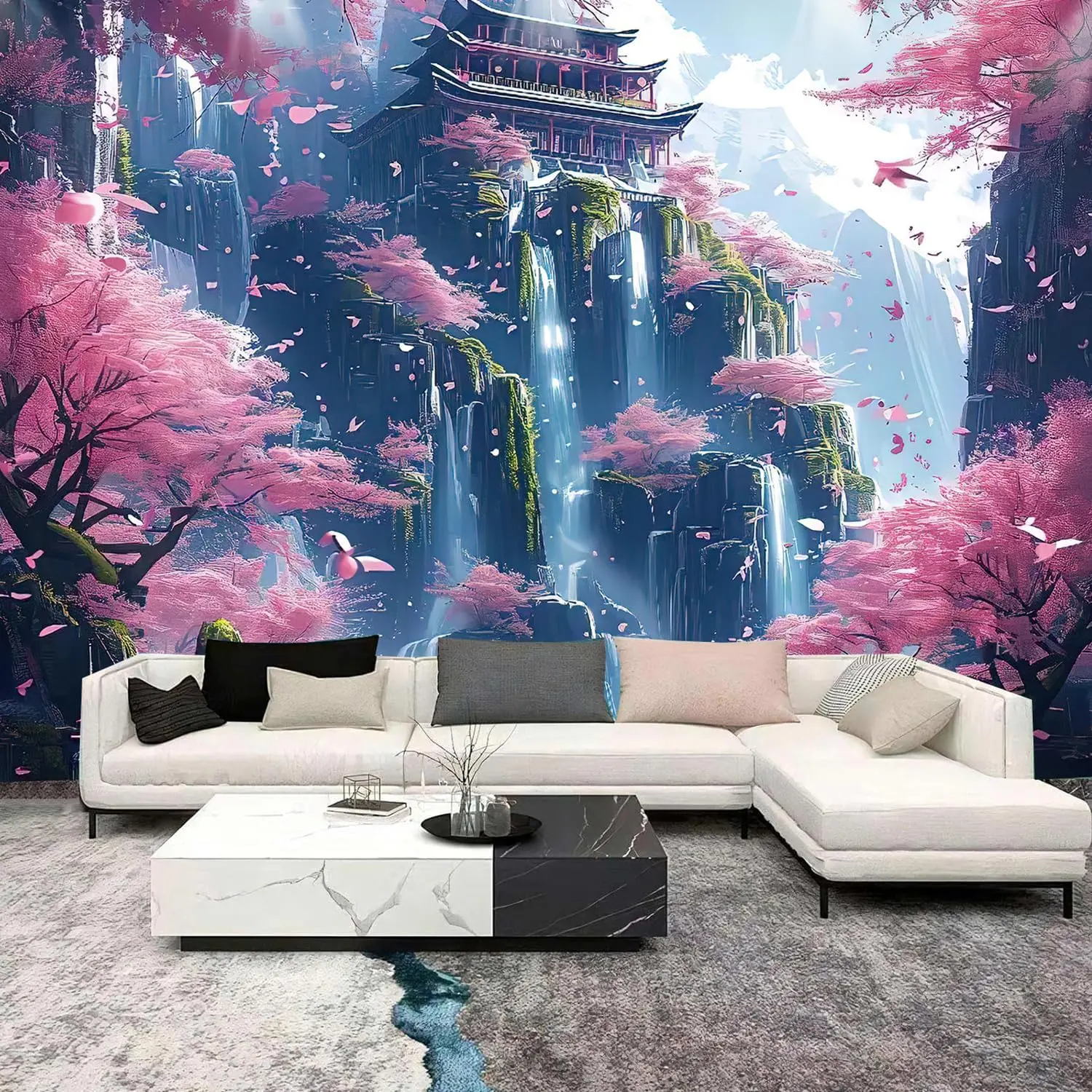 Japanese Aesthetic Pink Cherry Blossom Tapestry - Mountains, Waterfall, River, Fairytale World Asian Art Decor for Bedroom, Indoor Home Living Room, Bedroom Decor, Indoors