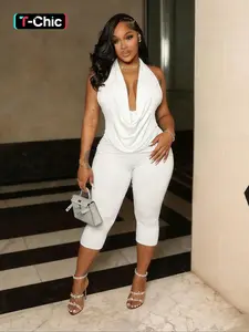 Women's Two-Piece Set, Chic Halter Backless Fitted Top & High Waist Capri Pants, Trendy Outfit, Perfect for Dates & Vacations