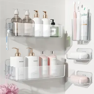Adhesive Clear Wall Shower Shelves 5 Pack with Soap Holder, Practical Shower Organizer for Bathroom Organization Storage