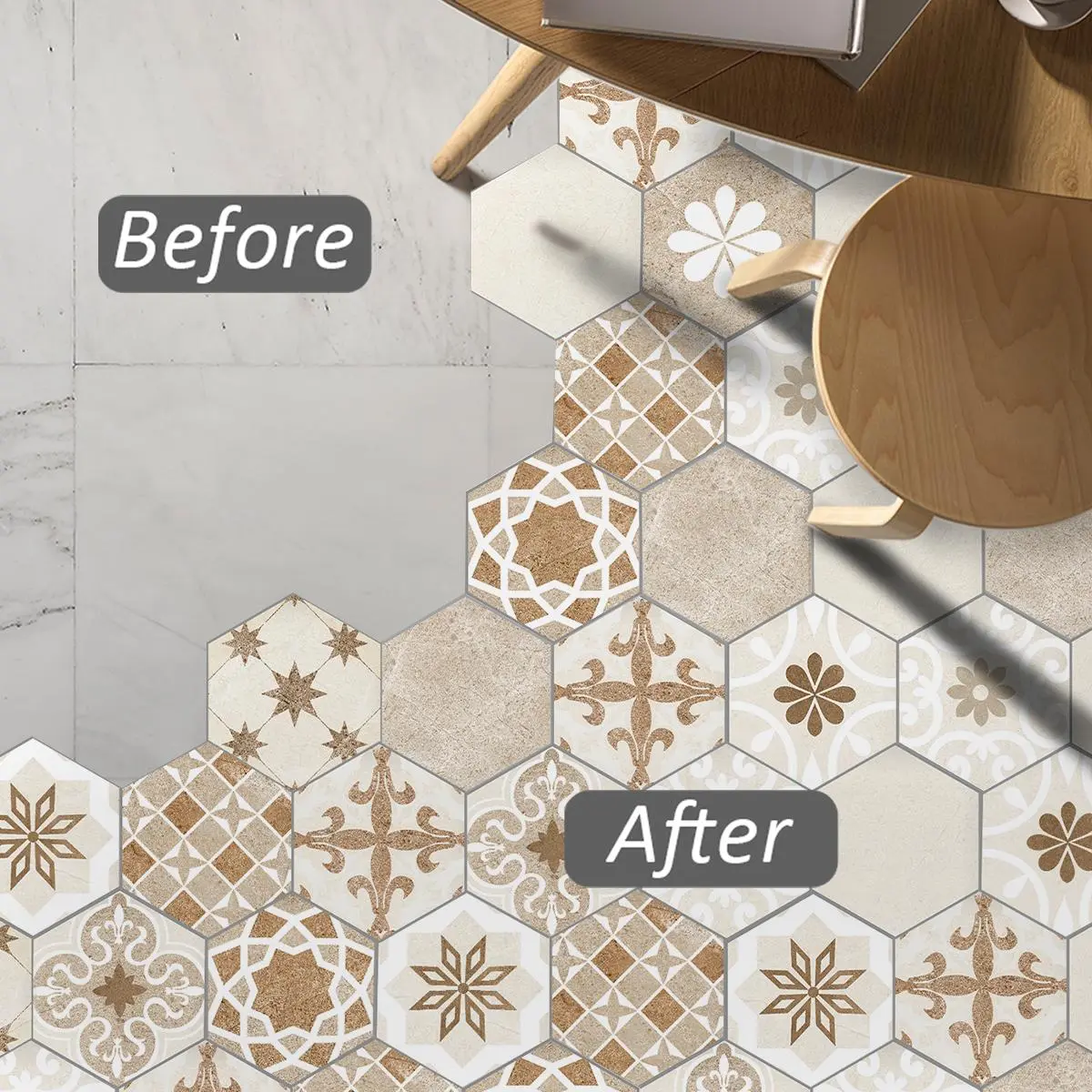 11PCS Vintage Style Hexagonal Self-Adhesive Floor Tiles, Stick And Peel Flooring, Easy-Remove and Waterproof, Ideal for Living Room and Balcony Renovation