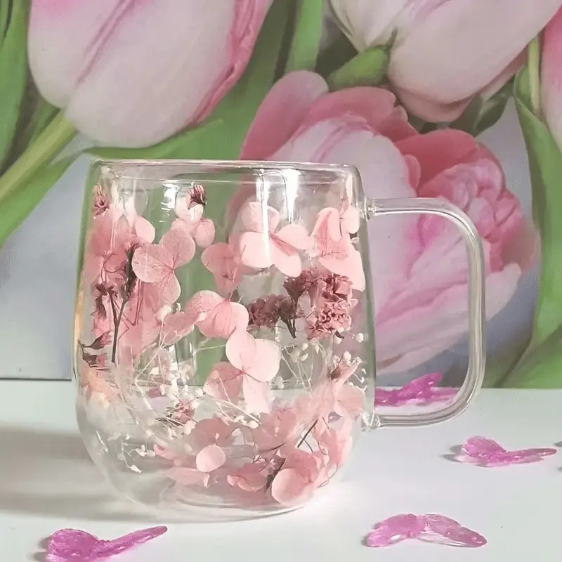 Double Layer Glass Coffee Cup with Real Flower Design, Suitable for Coffee Milk Drinks, Hand Wash Only, 1 Piece, Kitchen Drinkware Cups, Double Walled Glass, Glass Beverage Cups, Glass Drinking Cup