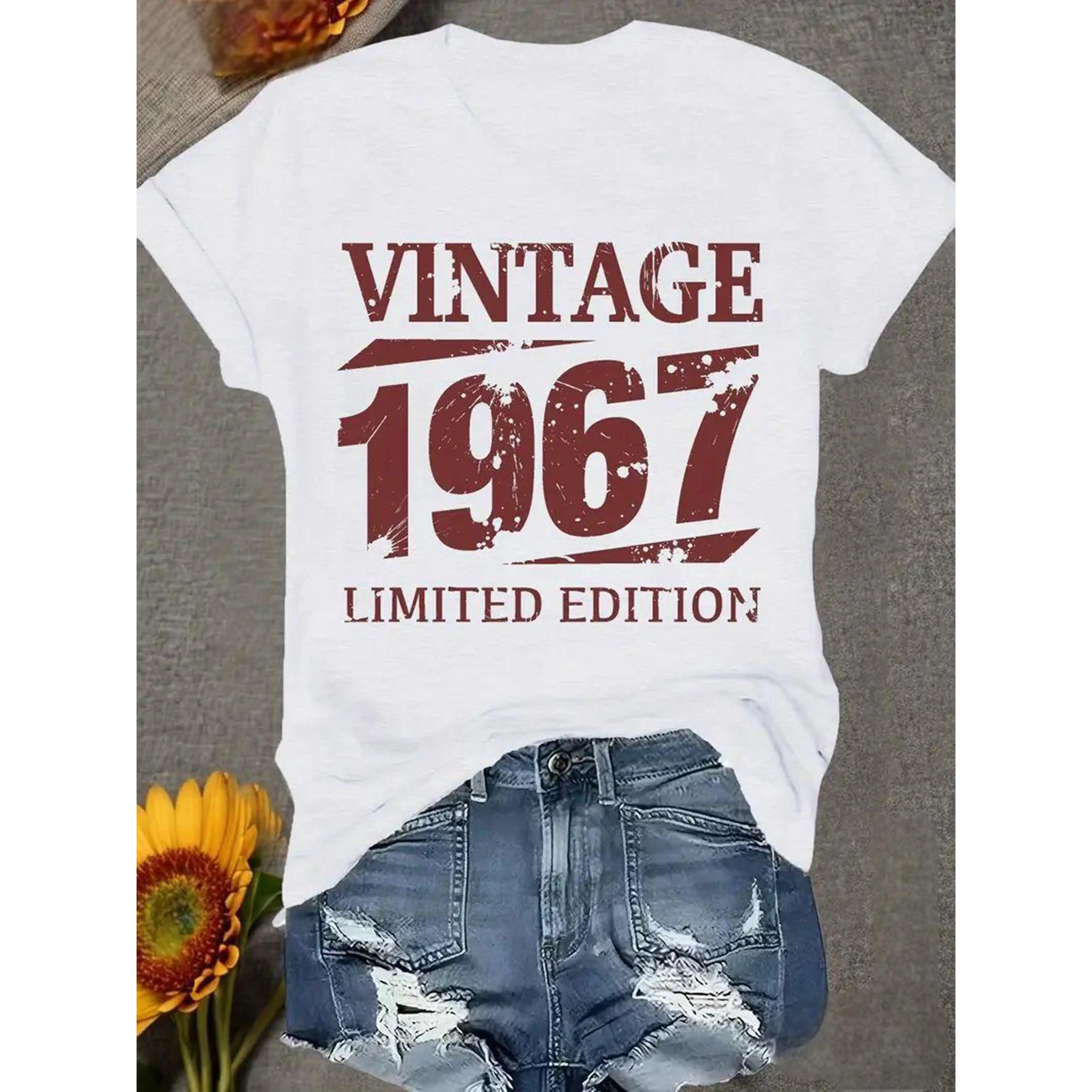 Women's Vintage 1967 Limited Edition Graphic T-Shirt - White Retro Tee with Drop Shoulder, Medium Stretch Crew Neck Casual Everyday Streetwear Top for