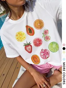 Women's Fruit Print Round Neck Tee, Casual Breathable Short Sleeve Crew Neck Loose T-shirt for Daily Wear, Ladies Clothes for All Seasons, Top, Knit