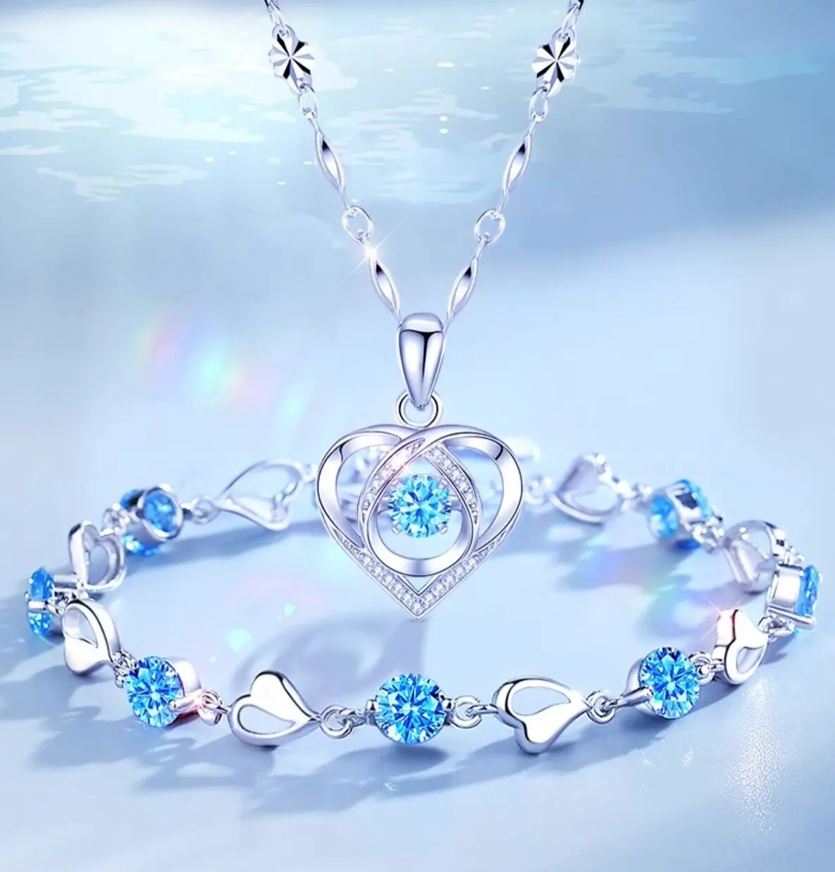 Women's Copper-Plated Romantic Blue Ocean Heart Matching Jewelry Set - 2-Piece Sparkling Heart Pendant Necklace & Bracelet, Birthday Anniversary Gift, Matching Set, Two Pieces