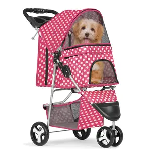 Foldable Pet Stroller with Weather Cover, 3 Wheels for Small/Medium Dogs and Cats, Storage Basket and Cup Holder, Breathable Mesh for All-Season