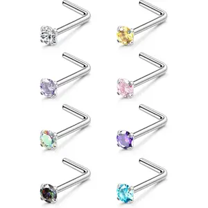 YADOCA  8PCS Nose Rings Studs Titanium Nose Rings CZ Opal L Shaped Screw Studs Rings for Women Nose Screw Studs 18G/20G Samll Nose Stud Corkscrew Nose Rings Piercing Jewelry, 2mm