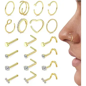 MILACOLATO 18g 20g Nose Rings Hoops Nose Studs - Hypoallergenic Surgical Steel CZ Nose Stud L Shape Body Nostril Piercing Jewelry for Women Men 14k Plated Gold 20Pcs