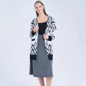Women's Geometric Patterned Knit Cardigan - Black & White Oversized Fit, Open Front, Soft Knit Fabric, Casual & Evening Wear, Chic Dress Essential, Long Length, Soft Material, Versatile Styling Options