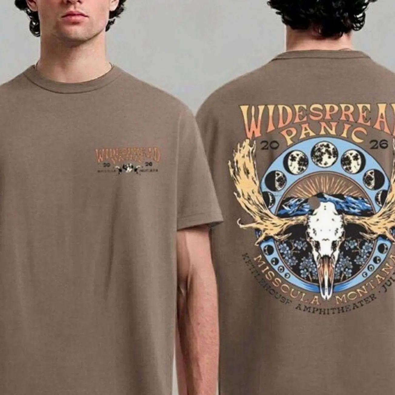 Widespread Panic Bonner Montana 2026 Merch Tee At Kettlehouse Amphitheater On July 7-8 2026 Brown Two Sided T-Shirt 2EC S6H XTD SIG