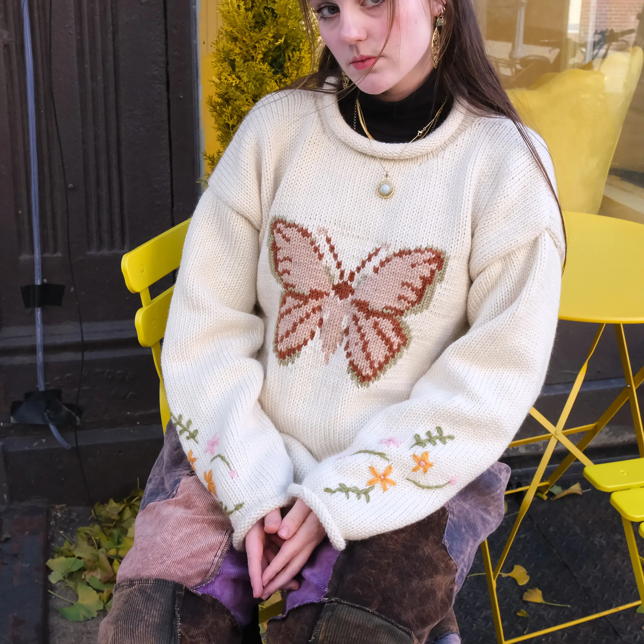 Hand Knit Wool Butterfly Sweater with Floral Sleeves, Cozy Boho Cottagecore Pullover, Oversized Warm Winter Jumper, Embroidery, Gift for Her