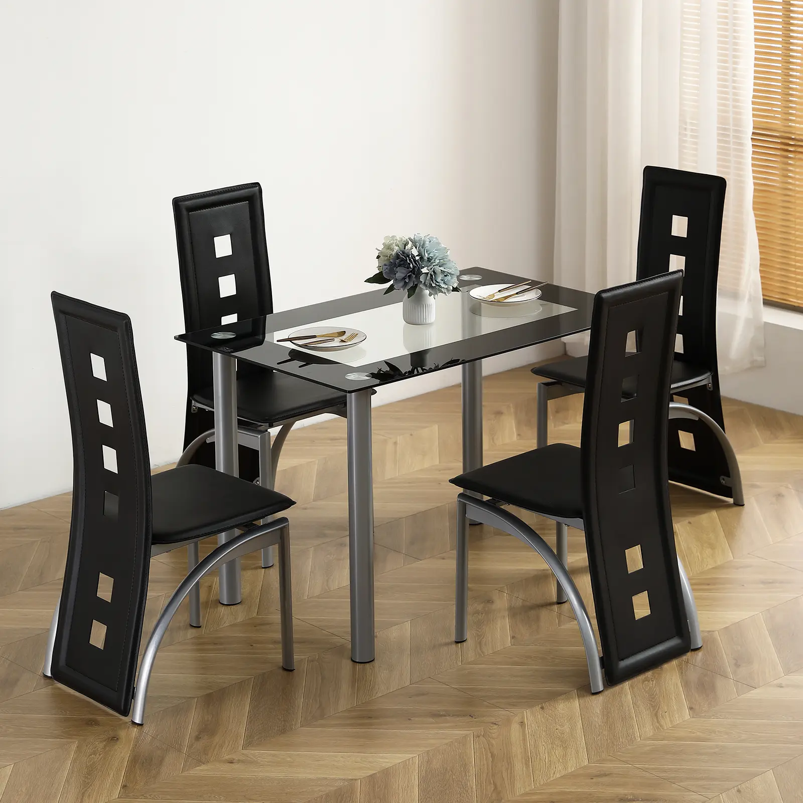 5 Piece Glass White Dining Table Set 4 Chairs 8mm Tempered Glass Stainless Steel High Quality Material 110cm Table PU Coated Leather Chairs Furniture Set