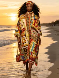 1dress+1 scarf African Tribal Patchwork Print Kaftan Dress for Women, Plus Size Muslim Abaya with Matching Headscarf, Loose Batwing Sleeve Maxi Caftan, Modest Beach Cover Up, Dubai Style Islamic Robe for Vacation, Eid & Casual Loungewear, Modest Clothes