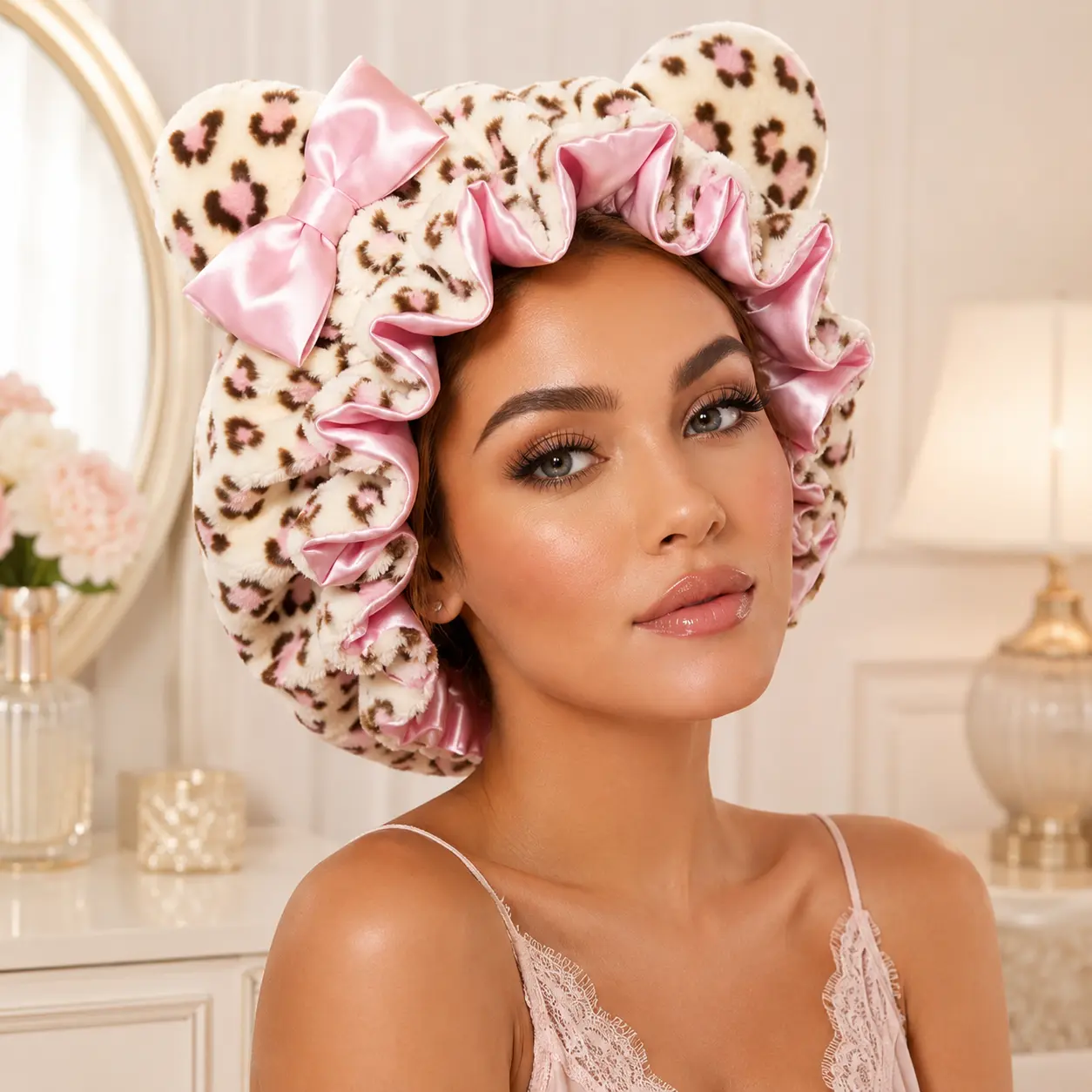 Luxury Double-Layer Teddy Satin Bonnet, Teddy Bear Bonnet, Haircare, Adjustable Plush 3D Bonnets, Plush Teddy Satin-Lined Bonnets, Hair Styling Cap, Breathable Sleep Bonnet for New Year Parties - Hair Care Cap for Themed Events & Casual Attire