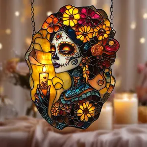 Day of the Dead Style 2 Acrylic Suncatcher, Water Ripple Effect Holiday Window Hanging Mom Gift Halloween Decor