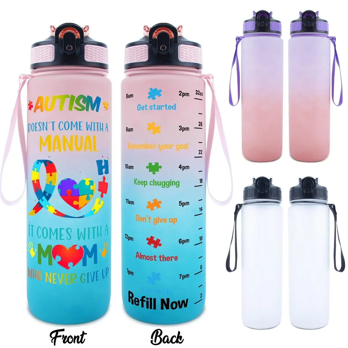 32oz Water Bottle, 1 Count Autism Awareness Water Bottle with Time Scale, Leakproof Drinking Cup for Gym, Outdoor Activities, Daily Use, Drinkware