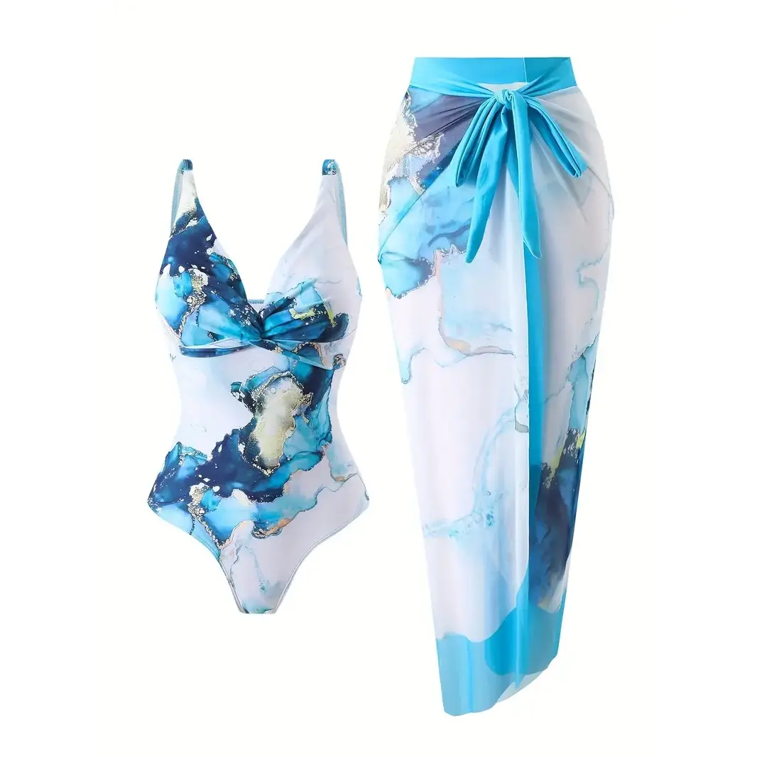 Blue Marble Print One-Piece Swimsuit with Cover Up Skirt 2-Piece Set Tummy Control V-Neck Twist Front Swimsuit with Matching Beach Wrap