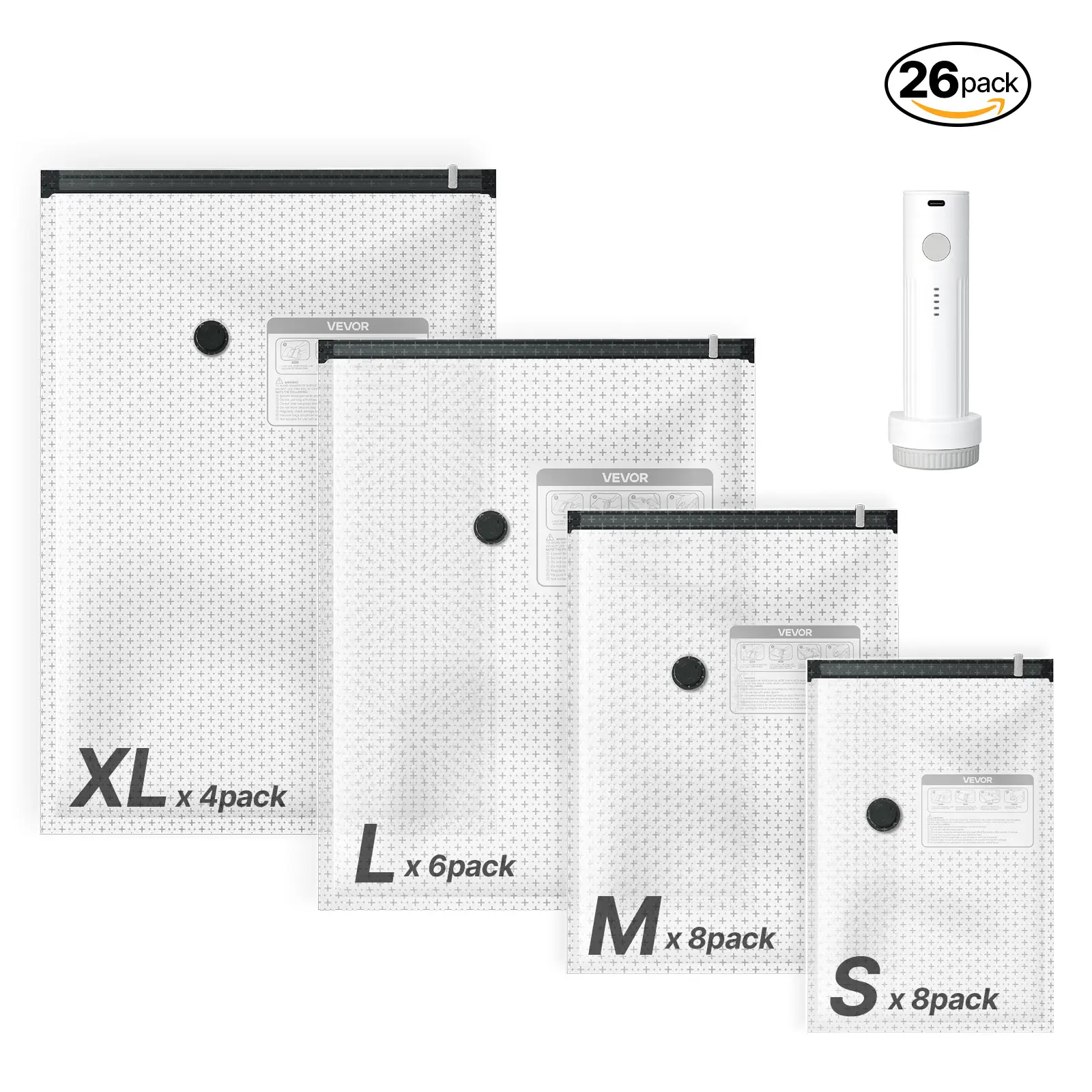 VEVOR Vacuum Storage Bags, 26 Pack Space Saver Vacuum Seal Bags for Clothing, with Pump and Charging Cable, Double Zipper Seal, Thickened PA and PE, Compression for Clothes Storage, Travel Luggage, Vacuum Bags For Travel, Multi-In-One Storage Bags