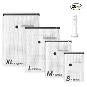 VEVOR Vacuum Storage Bags, 26 Pack Space Saver Vacuum Seal Bags for Clothing, with Pump and Charging Cable, Double Zipper Seal, Thickened PA and PE, Compression for Clothes Storage, Travel Luggage, Vacuum Bags For Travel, Multi-In-One Storage Bags