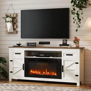 【2 Packages Shipping】Fireplace TV Stand with Barn Door for TVs up to 80", Farmhouse 70" Fireplace Entertainment Center with Storage Cabinets, White TV Stand and Black