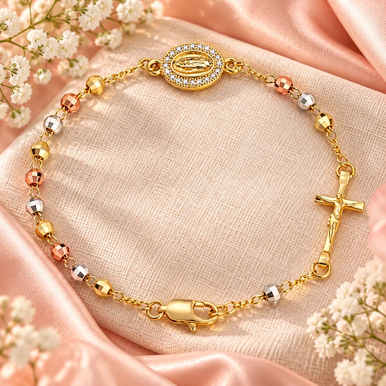 Women's 14K Gold Plated Beaded Rosary Bracelet - Stackable, Adjustable and Comfortable, Virgin Mary Cross Charms, Faith + Fashion Daily Catholic Jewelry Gift for Confirmation, Baptism