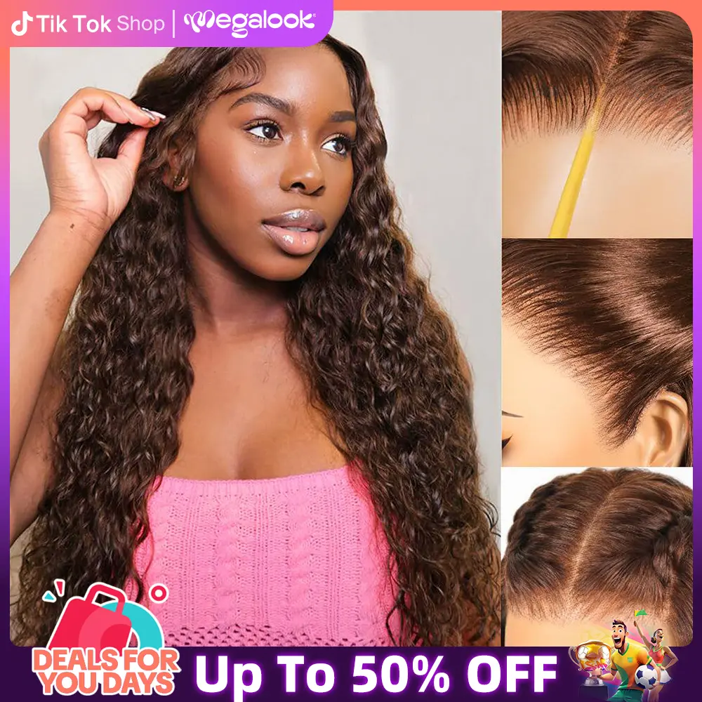 [13x6 Water Wave Wig] Megalook Glueless Wigs Human Hair Pre Plucked Natural Hairline Tiny Knots Three Go Chestnut Brown Colored Human Hair HD Lace Frontal Wigs for Black Women #Summervibes
