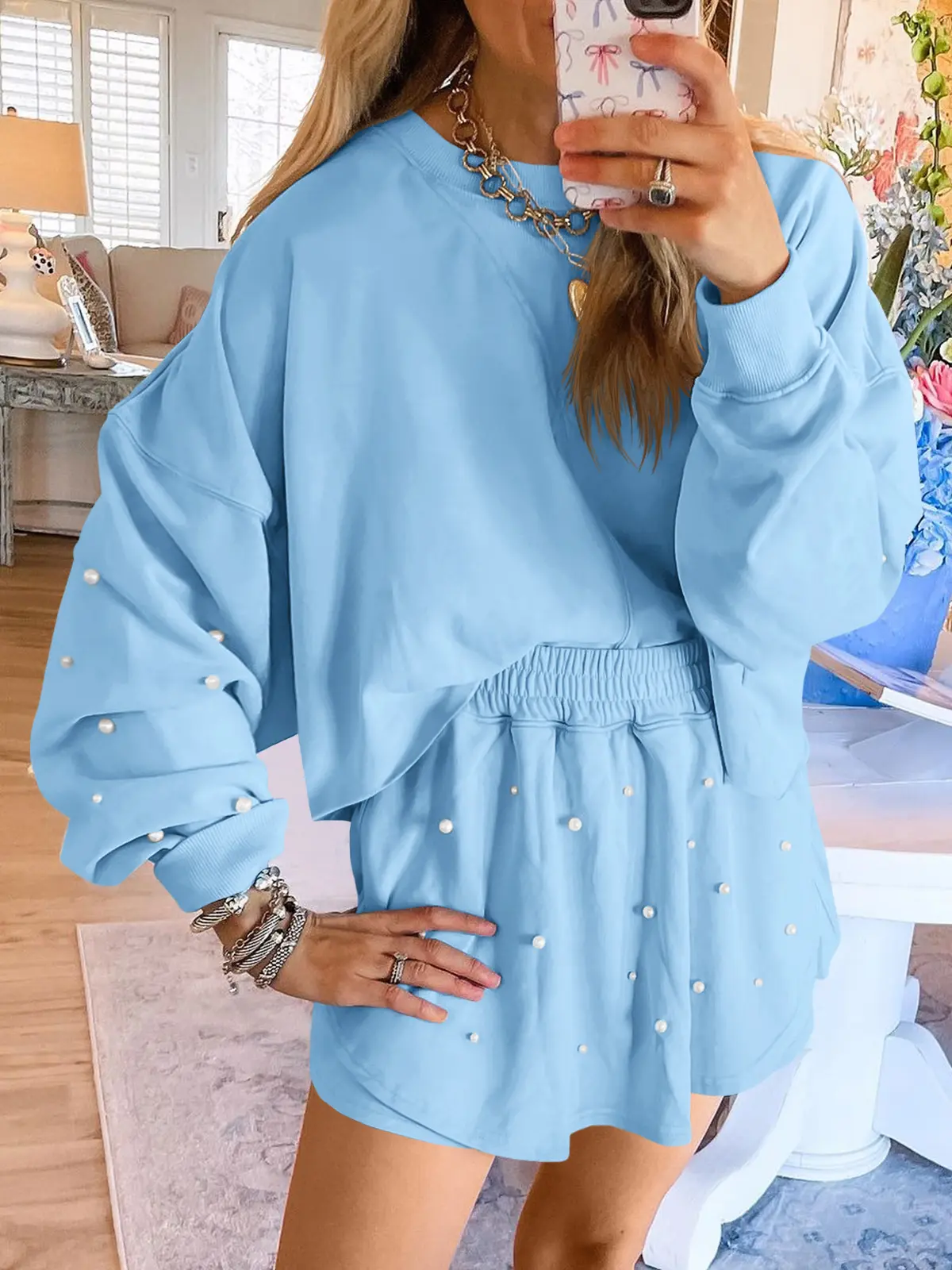 FISOEW Women's Casual 2 Piece Suit - Pearl Embellished Long Sleeve Crewneck Sweatshirt and Matching Skort Set, Minimalist, Women's Clothes, Two Piece Set