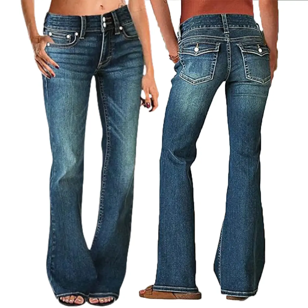 Double Button Mid Rise Gradient Whisker Wash Flap Back Pocket Full Length Slim Bootcut Flare Jeans