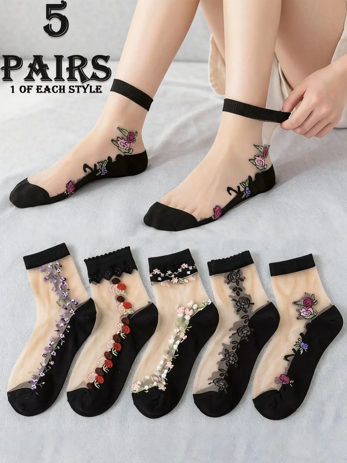Women's Floral Glass Silk Tube Socks, Breathable & Soft Fabric, High Elasticity Comfort Design, Elegant, Perfect for Daily Wear, Casual Stylish Socks, Breathable Comfy Socks