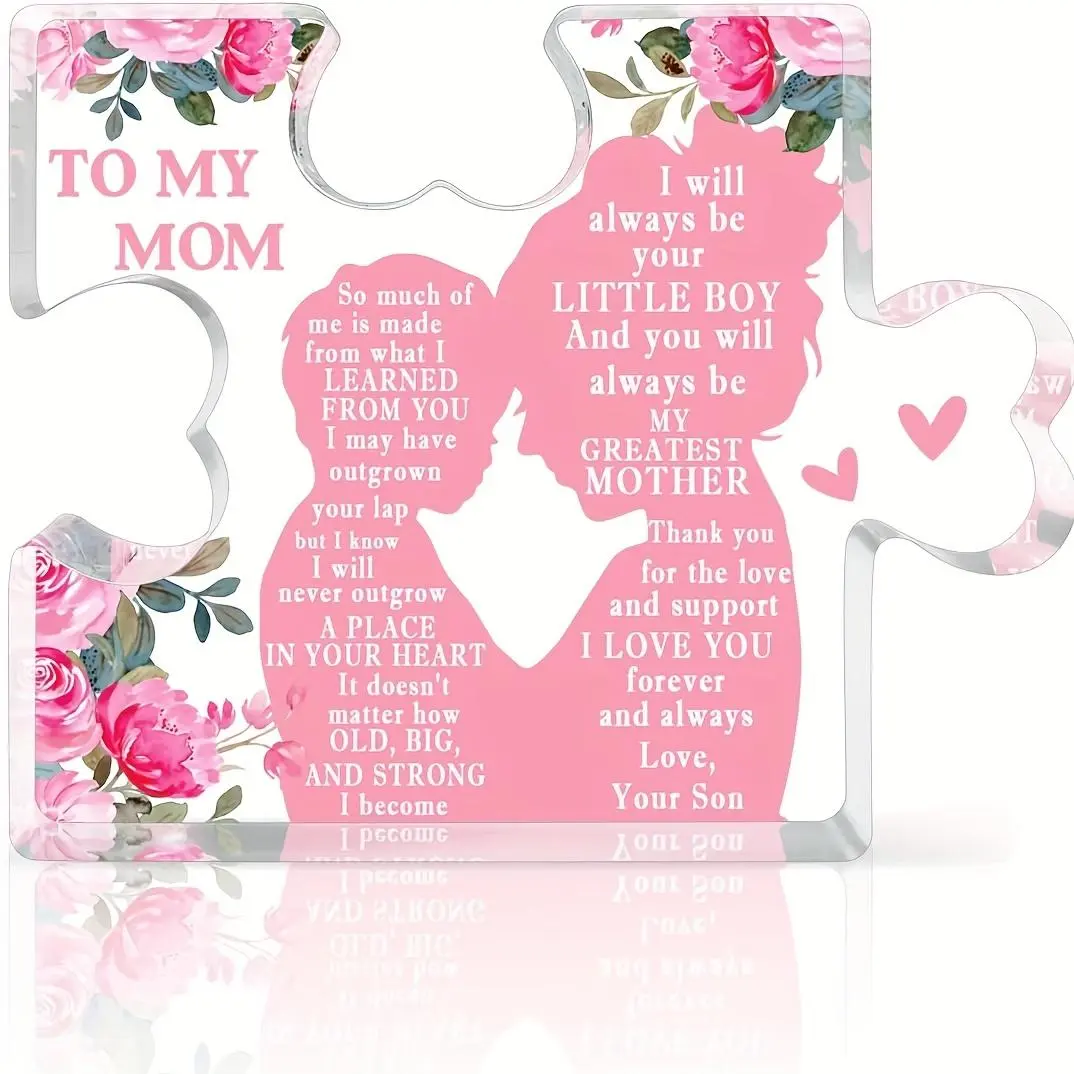 Acrylic Puzzle Shaped Ornament, Flower & Letter Pattern Decorative Gift for Mom, Birthday Gift for Mom, Home Decor, Personalized Decor, Gift for Mom from Son, Acrylic Plaque Decor