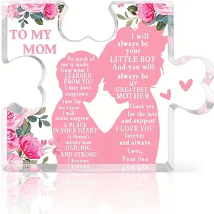 Acrylic Puzzle Shaped Ornament, Flower & Letter Pattern Decorative Gift for Mom, Birthday Gift for Mom, Home Decor, Personalized Decor, Gift for Mom from Son, Acrylic Plaque Decor