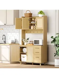 71" Rattan Kitchen Pantry Storage Cabinet, Freestanding Buffet Cabinet With Microwave Stand, 3 Drawers, Adjustable Shelves And 6 Hooks, Kitchen Hutch Freestanding Cupboard For Dining Room