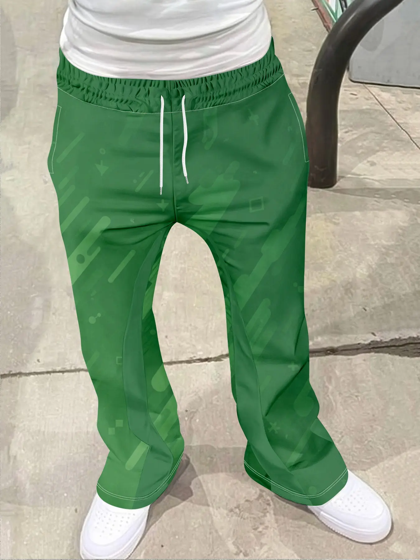 Men's Abstract Geometric Print Flared Bell Bottom Flare Trousers, Casual Drawstring Elastic Waist Streetwear Menswear Wide Leg Long Pants, All Seasons Fitted Style, Bell Bottoms Flared