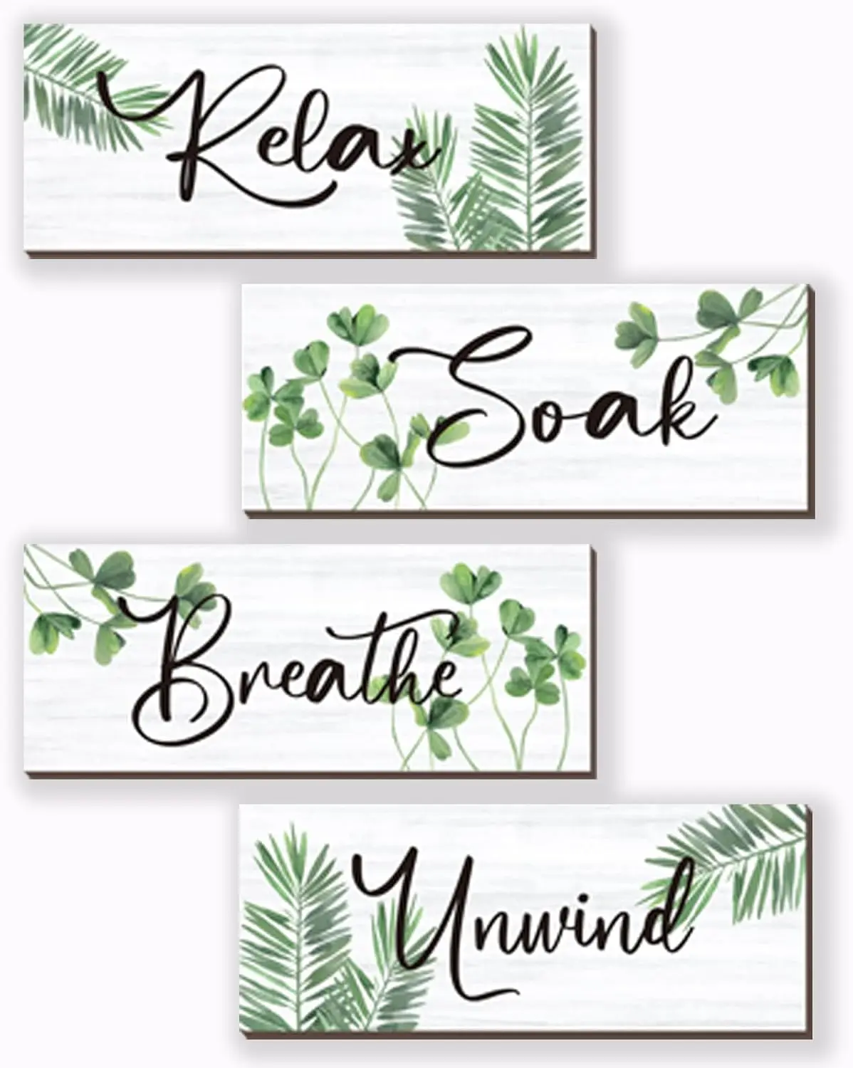 4 Pcs Farmhouse Bathroom Wall Decors Relax Soak Unwind Breathe Wooden Word Sign Green Hanging Wall Art Rustic Office Wall Decor for Bedroom Living Room Vintage Decorations Green Leaves 10X4 Inch