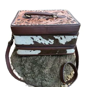 The Double Decker Large Cowhide and Tooled Leather Jewelry Case Tan Handmade with Hand Tooled Leather Top Design & Detachable Strap Boxes Organizer 12” x 8.5” x 7.5”