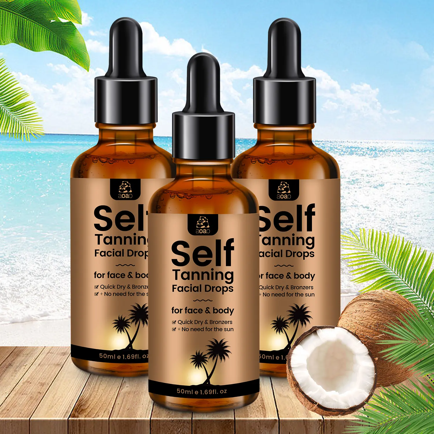 AOAO Self Tanning Facial Drops (3 Pack) - Customizable Oil-Based Liquid Moisturizer Serum, Blends for Face & Body, Hydrates for Natural Glow, Daily, Multi-Pack, Coconut Oil, Adults, Dry, 150Ml, Aloe Barbadensis Leaf, Boosts Product Absorption, All Seasons