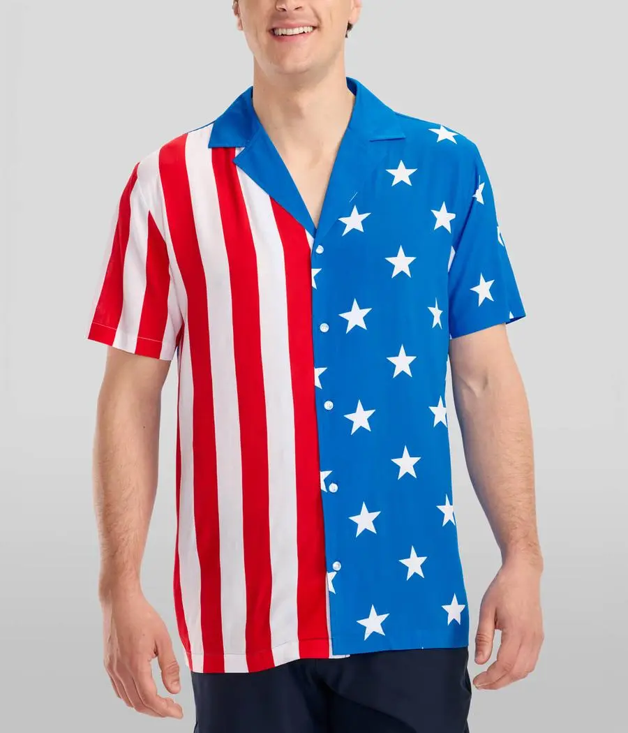 Men's Relaxed Fit Breathable Vertical Flag Patriotic Button-Down Cabana Shirt for Summer Beach Parties, Menswear, Top