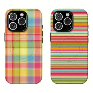 [Supports Magnetic]Rainbow Plaid & Striped Phone Case  Preppy Summer Aesthetic Shockproof Cover  for iPhone 17Promax 16 15 14 13 12 11 and for Samsung S21-S26 Gift for Her Him