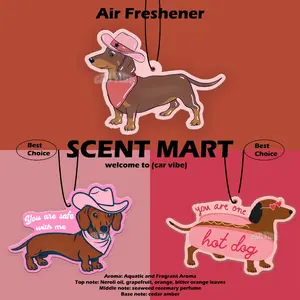 Kawaii Wiener Dog (Hotdog) Dachshund Pattern, Cowboy Style Design with Sweet Scent Car Air Freshener Pendant, Car Air Diffuser - Cartoon Anime Style for Rearview Mirror, Vent Clip, Ideal Gift for Friends