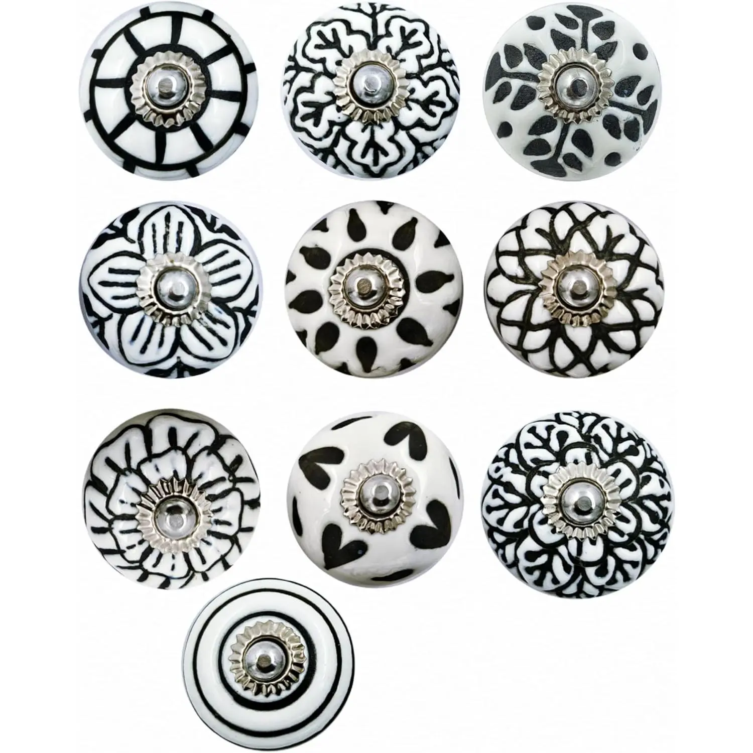 Set of 10 Ceramic Cabinet Colorful Knobs for Kitchen, Cabinet, Drawer, Wardrobe (Black & White2)