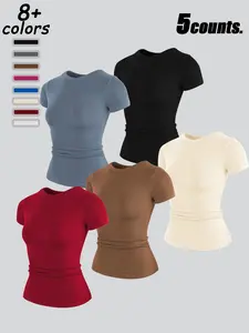 Women's Sporty Plain Short Sleeve Yoga Top, Elastic Breathable Tight Fit, Waist Cinching Slimming Gym Wear, Round Neck Workout Shirt, Athletic Yoga Tops