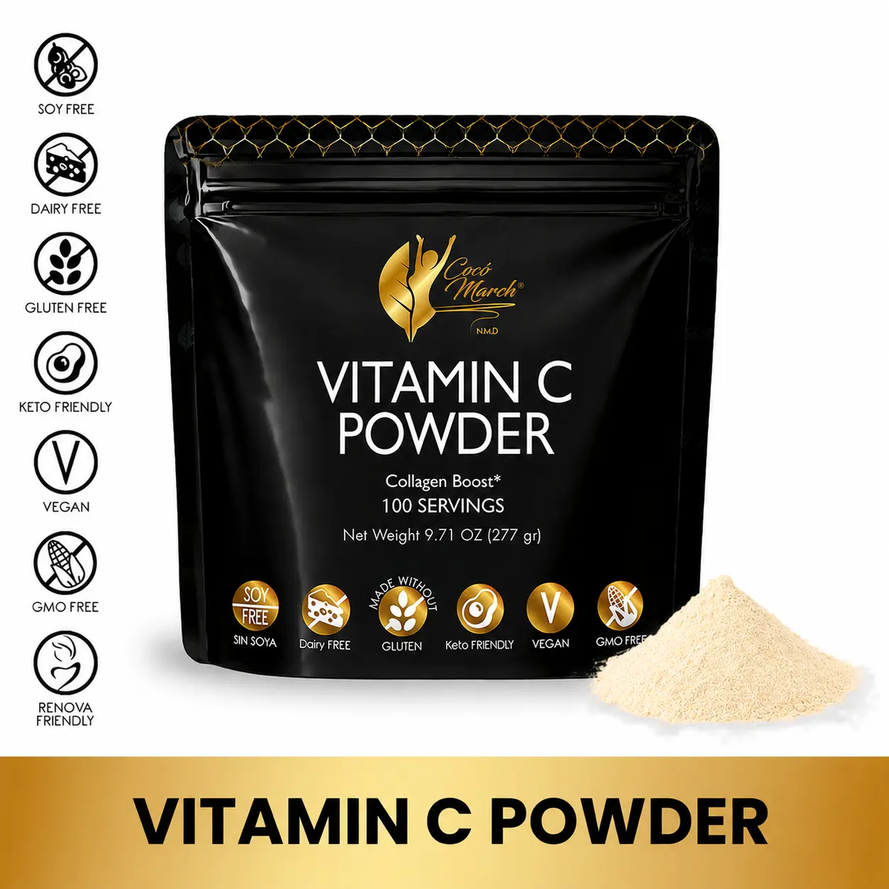 Cocó March N.M.D Vitamin C Powder – 1000 mg with Zinc, Quercetin, Bromelain & L-Lysine – 100 Servings