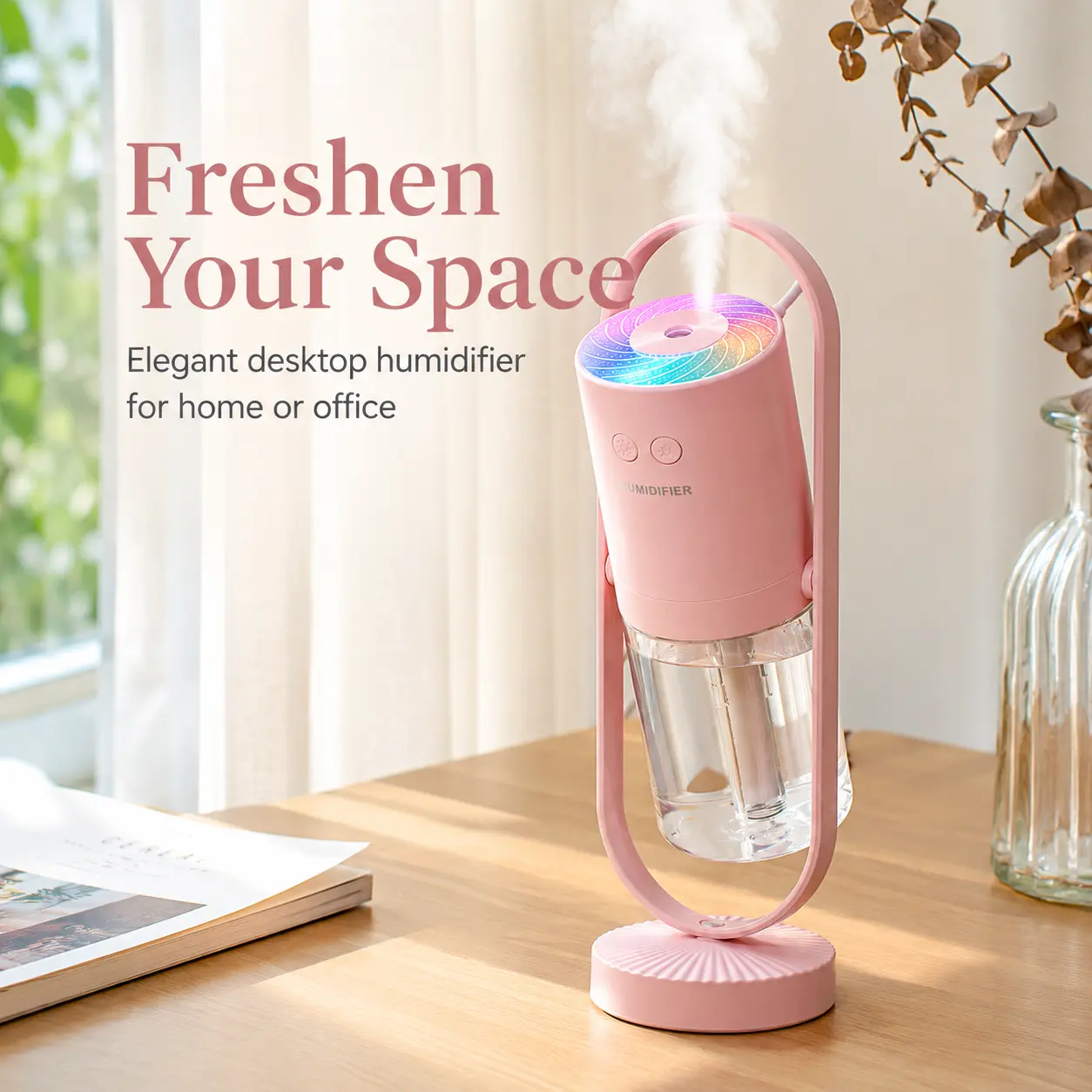 Cute Pink Mini Humidifier with Colorful RGB Ambient Light, 200ML Cool Mist Desktop Humidifier, Portable USB Air Humidifier for Bedroom, Office, Dorm, Nightstand, Dry Air Relief & Room Decor