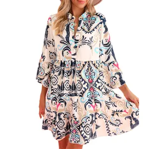 Mntaor Women's Cute & Comfortable White Tribal Mini Dress with Bracelet Sleeves Front Button Closure Ruffled Tiered Skirt Ideal for Daily Wear Beach Trips & Casual Outings - Summer, Womenswear