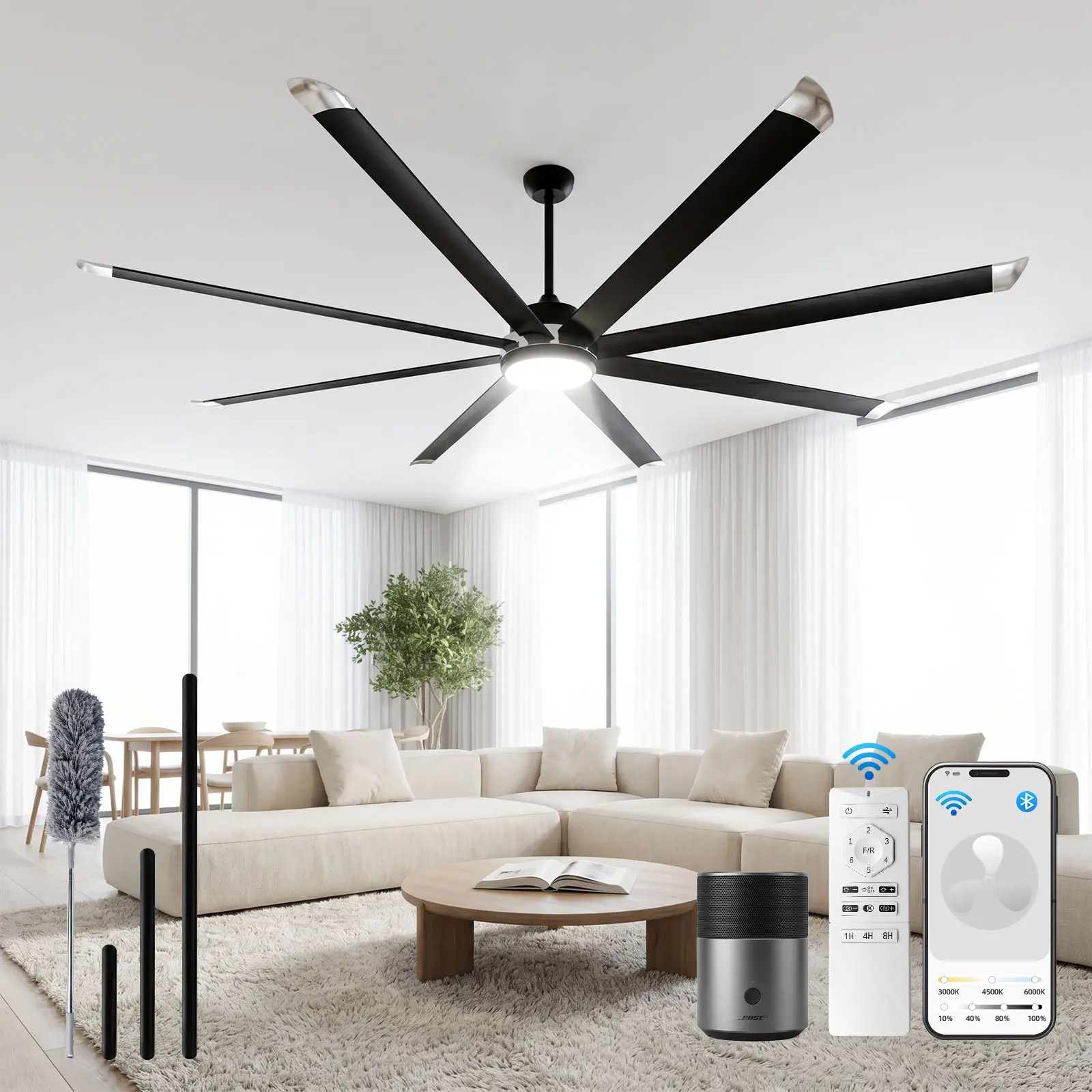 NORTHSKY 96/120 Inch Industrial Ceiling Fan with Light, Smart Remote/App/Voice Control, Commercial Ceiling Fans with 8 Aluminum Blades Reversible for Garage Gym Shop Large Room