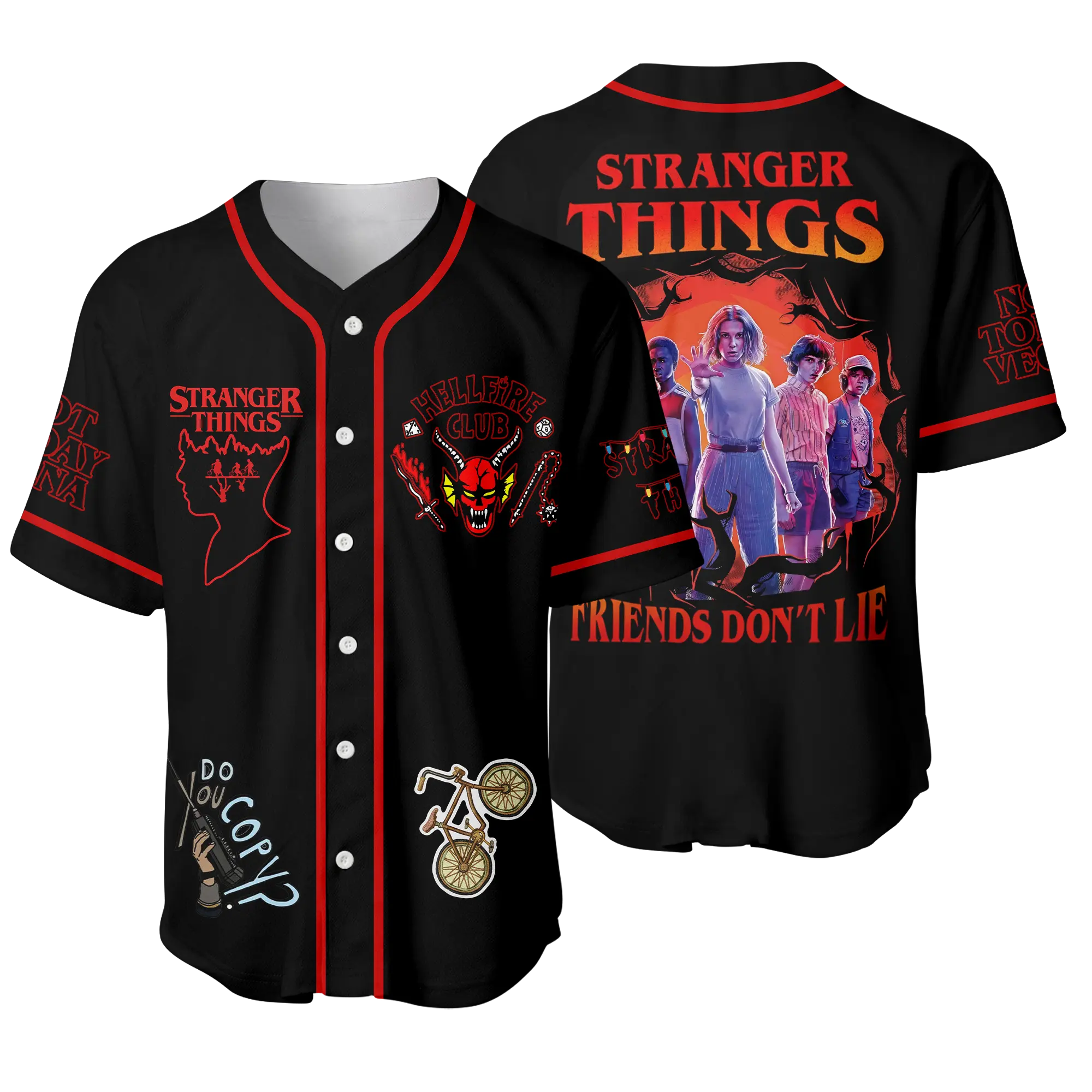 Strangger Thinggs Hellfirre Clubb Baseball Jersey, Retro Horror Movie Short Sleeve Shirt, Eleven Graphic Tee, 80s Style Cosplay Outfit | 051225.R2259.ID00