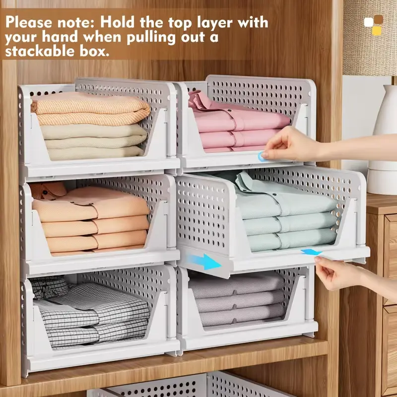 5-piece foldable large-capacity storage rack set, stackable space-saving plastic closet organizer boxes suitable for clothing, spice jars, food items, cosmetics, kitchen organization, and storage baskets